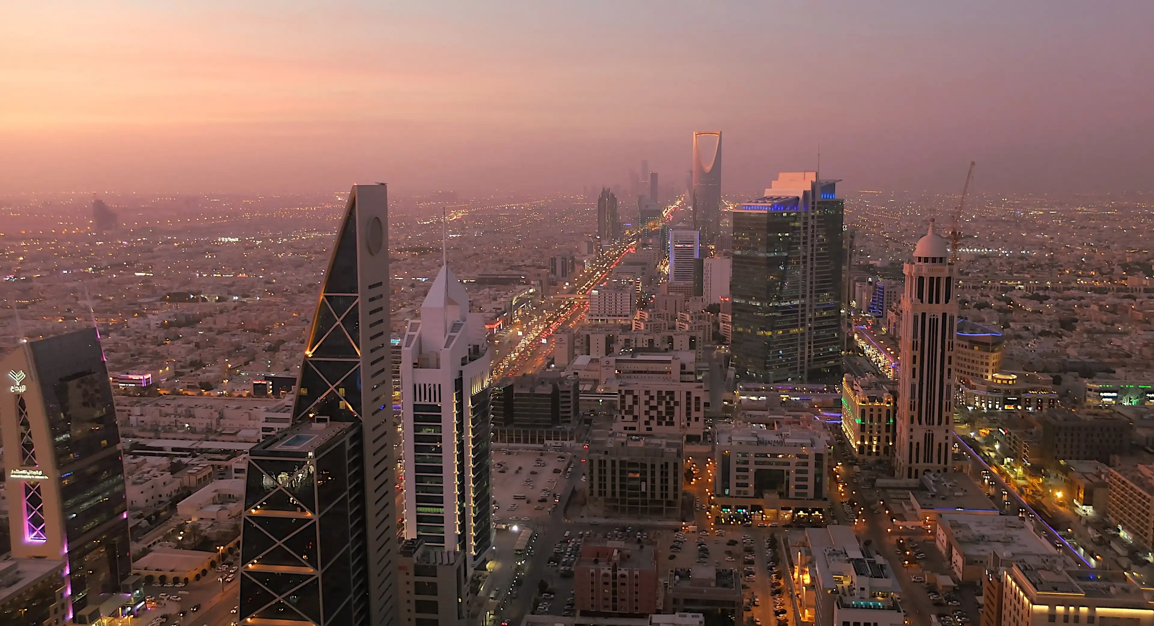Riyadh / Saudi Arabia - April 08 2019: View from Faisaliyah Tower and Sunset Riyadh / Saudi Arabia - April 08 2019: View from Faisaliyah Tower and Sunset