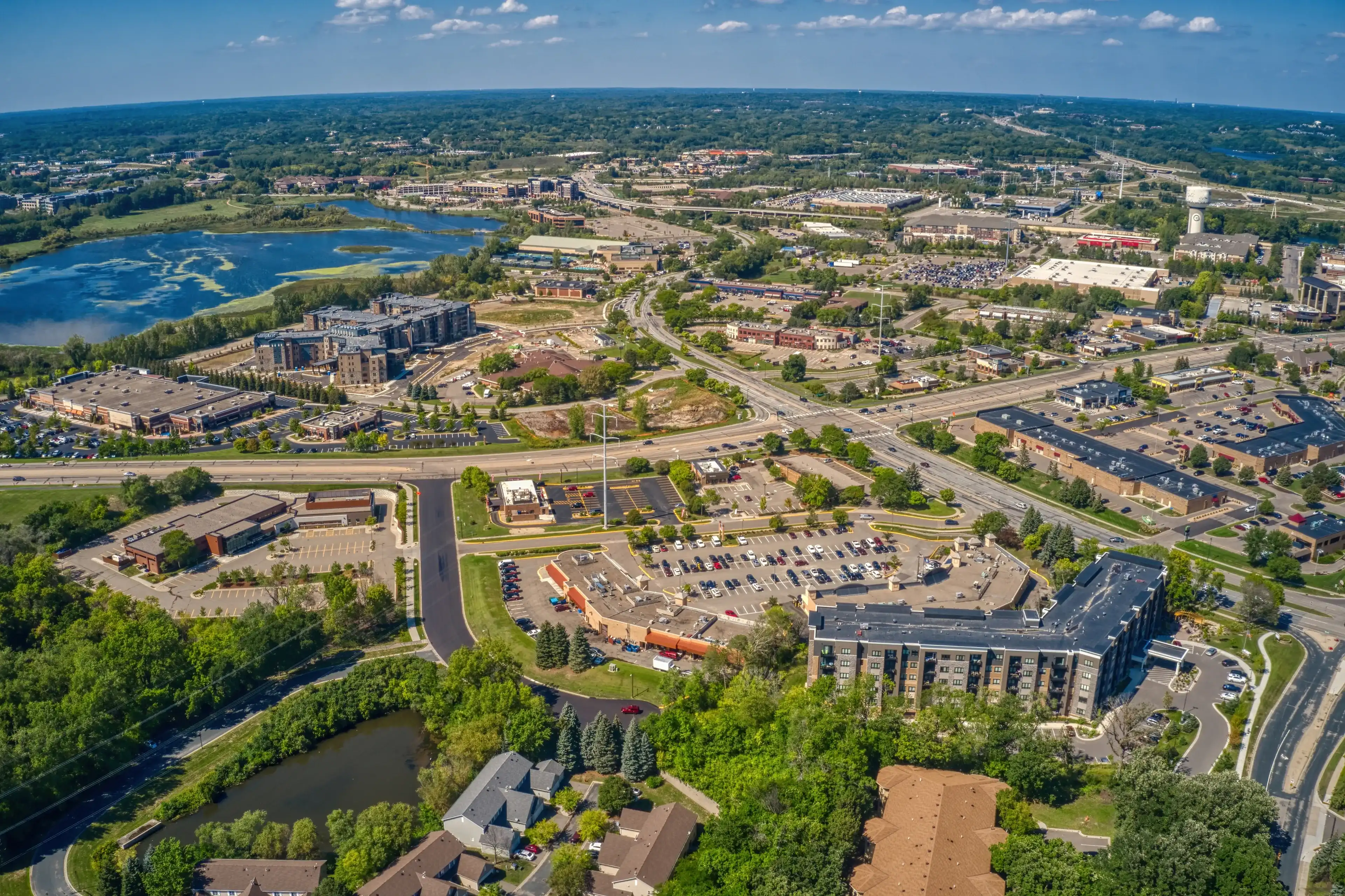 Aerial View of the Shopping District of Eden Prairie, Minnesota during Summer Aerial View of the Shopping District of Eden Prairie, Minnesota during Summer