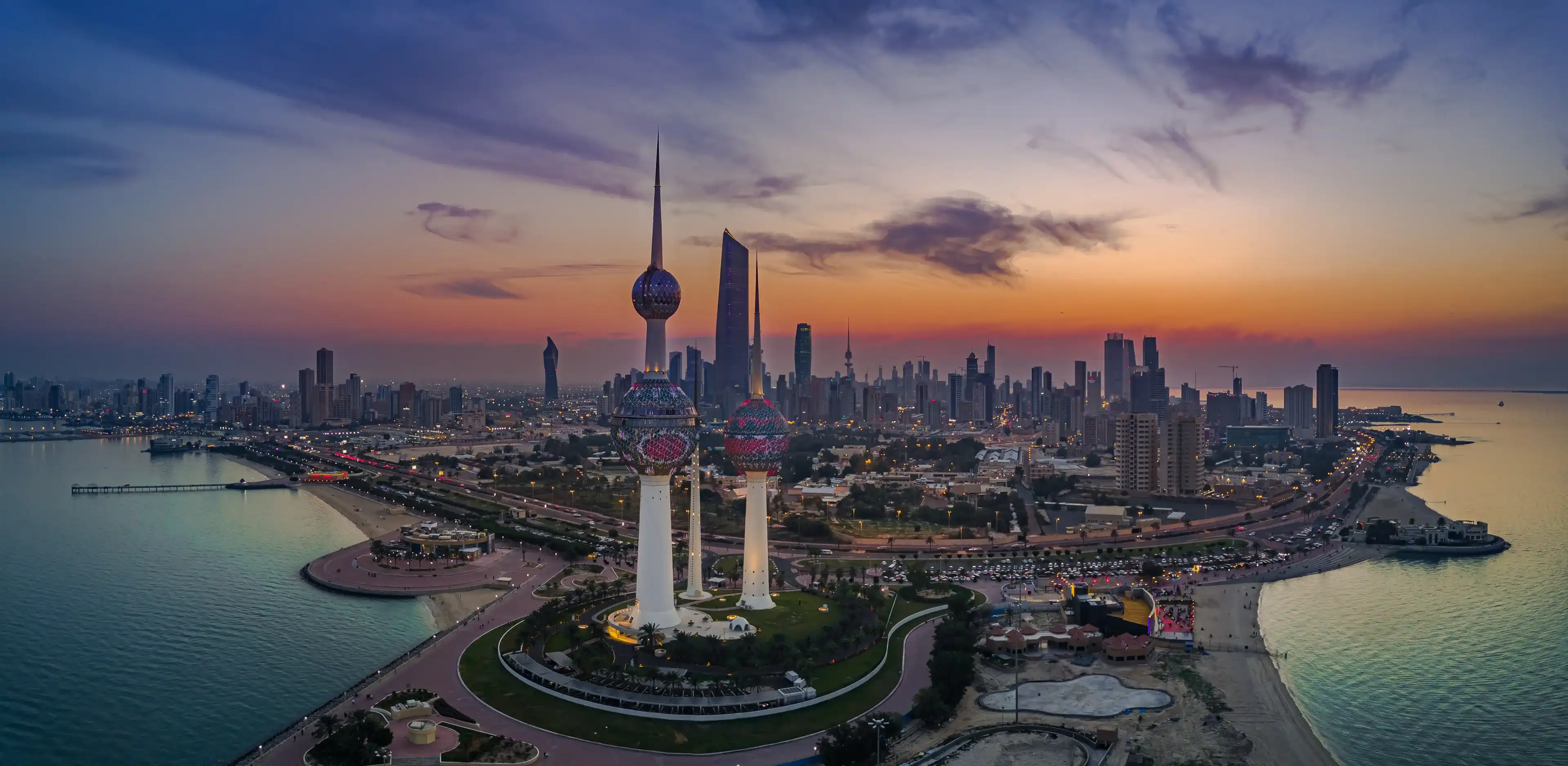 Kuwait Towers Sunset Aerial Panorama Kuwait Towers Sunset Aerial Panorama