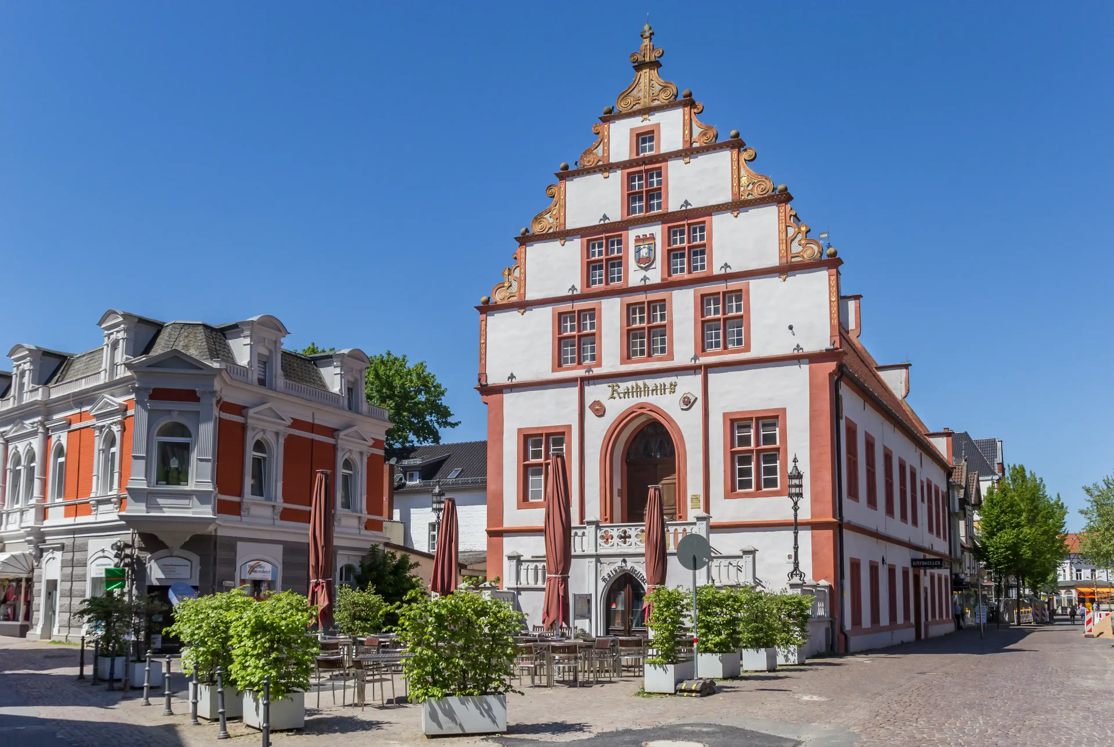 BAD SALZUFLEN, GERMANY - MAY 07, 2018: Historic town hall in the center of Bad Salzuflen, Germany BAD SALZUFLEN, GERMANY - MAY 07, 2018: Historic town hall in the center of Bad Salzuflen, Germany