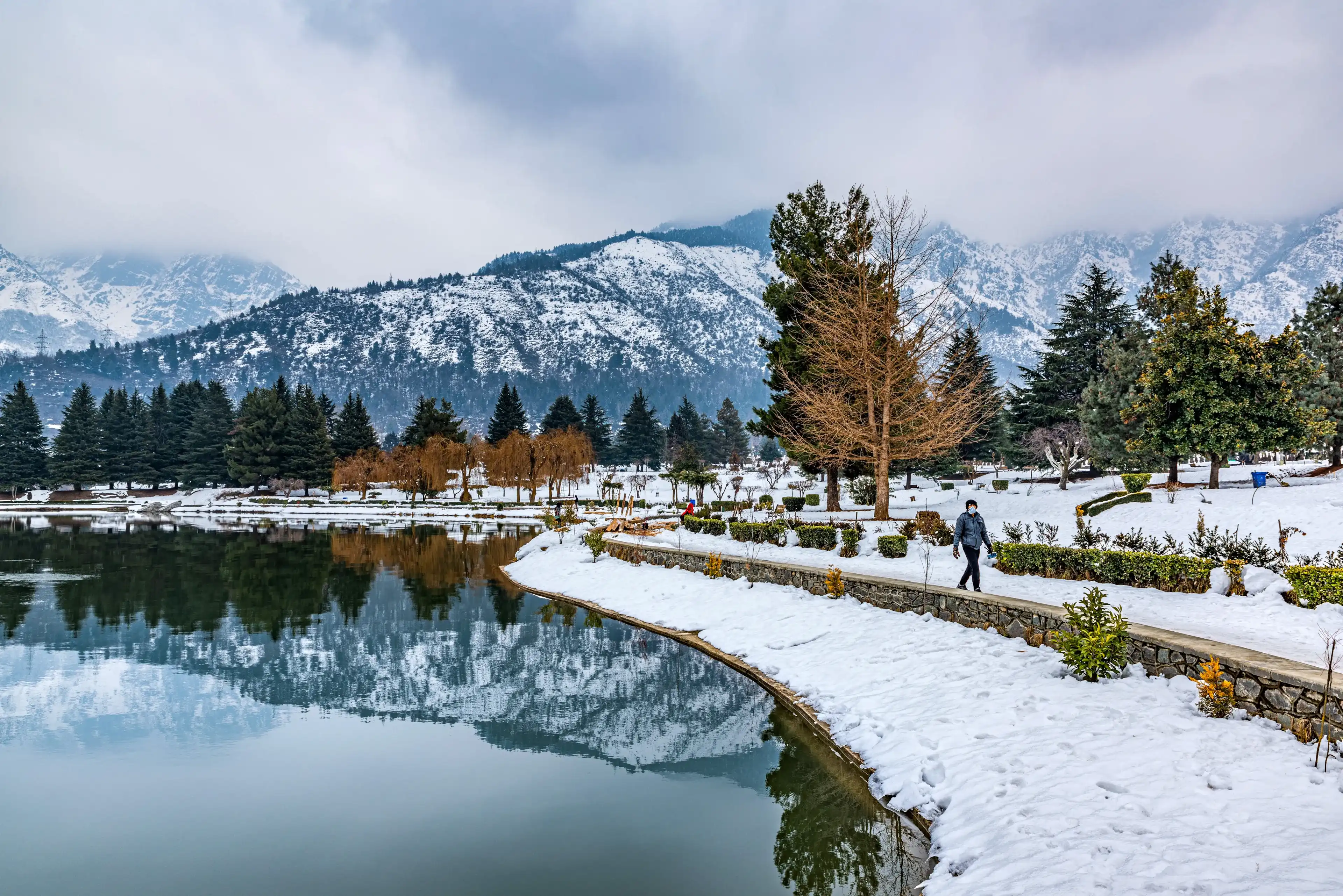 Srinagar, Kashmir, India - January 28, 2021 : A view of botanical garden with lake in winter season, and the beautiful mountain range in the background in the city of Srinagar, Kashmir, India Srinagar, Kashmir, India - January 28, 2021 : A view of botanical garden with lake in winter season, and the beautiful mountain range in the background in the city of Srinagar, Kashmir, India