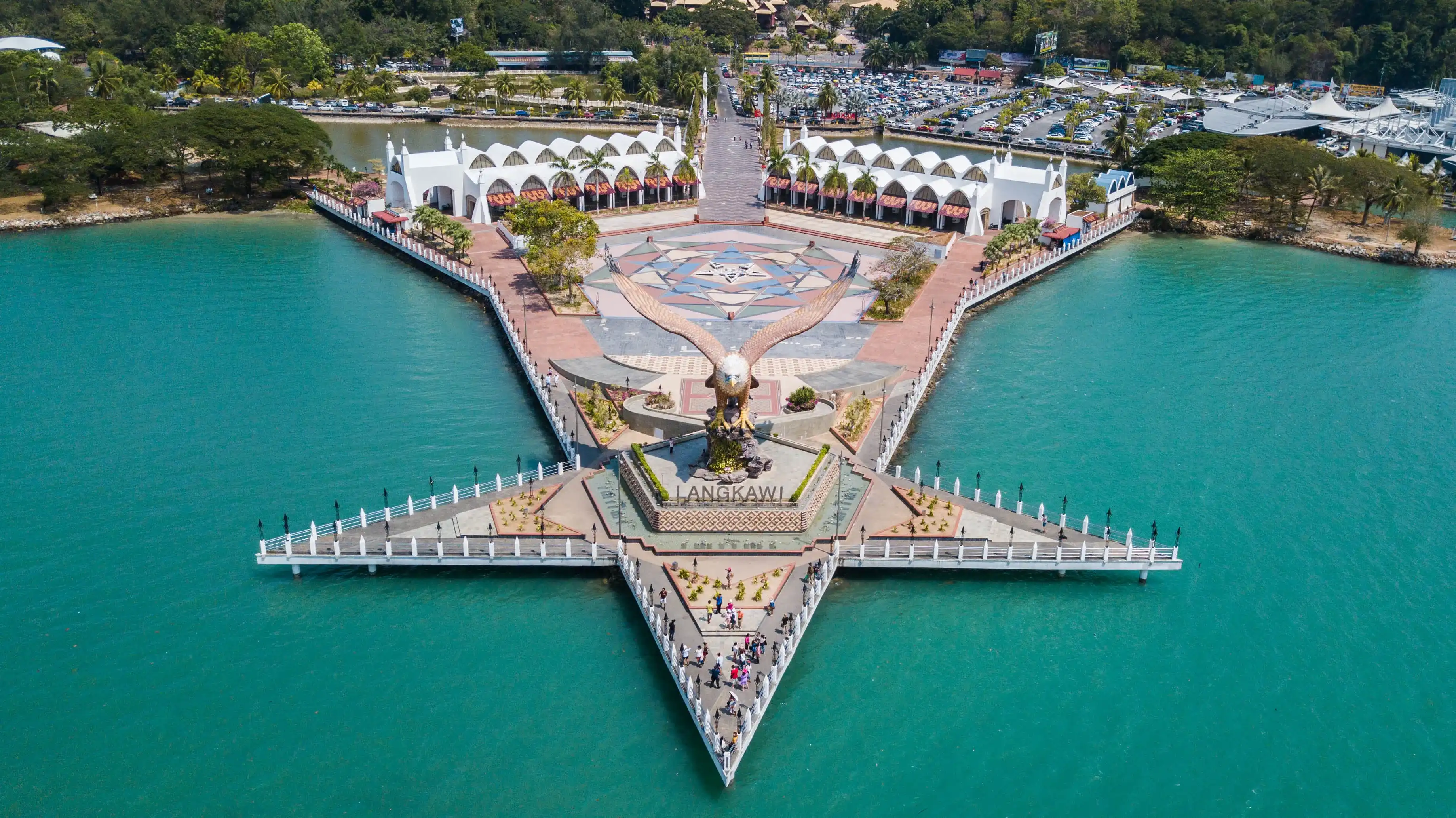 Langkawi, Malaysia - 18 March 2019. Eagle Square in Langkawi. Aerial view of Eagle Square in Langkawi, near the Kuah port. This giant statue is the symbol of Langkawi island, Malaysia Langkawi, Malaysia - 18 March 2019. Eagle Square in Langkawi. Aerial view of Eagle Square in Langkawi, near the Kuah port. This giant statue is the symbol of Langkawi island, Malaysia