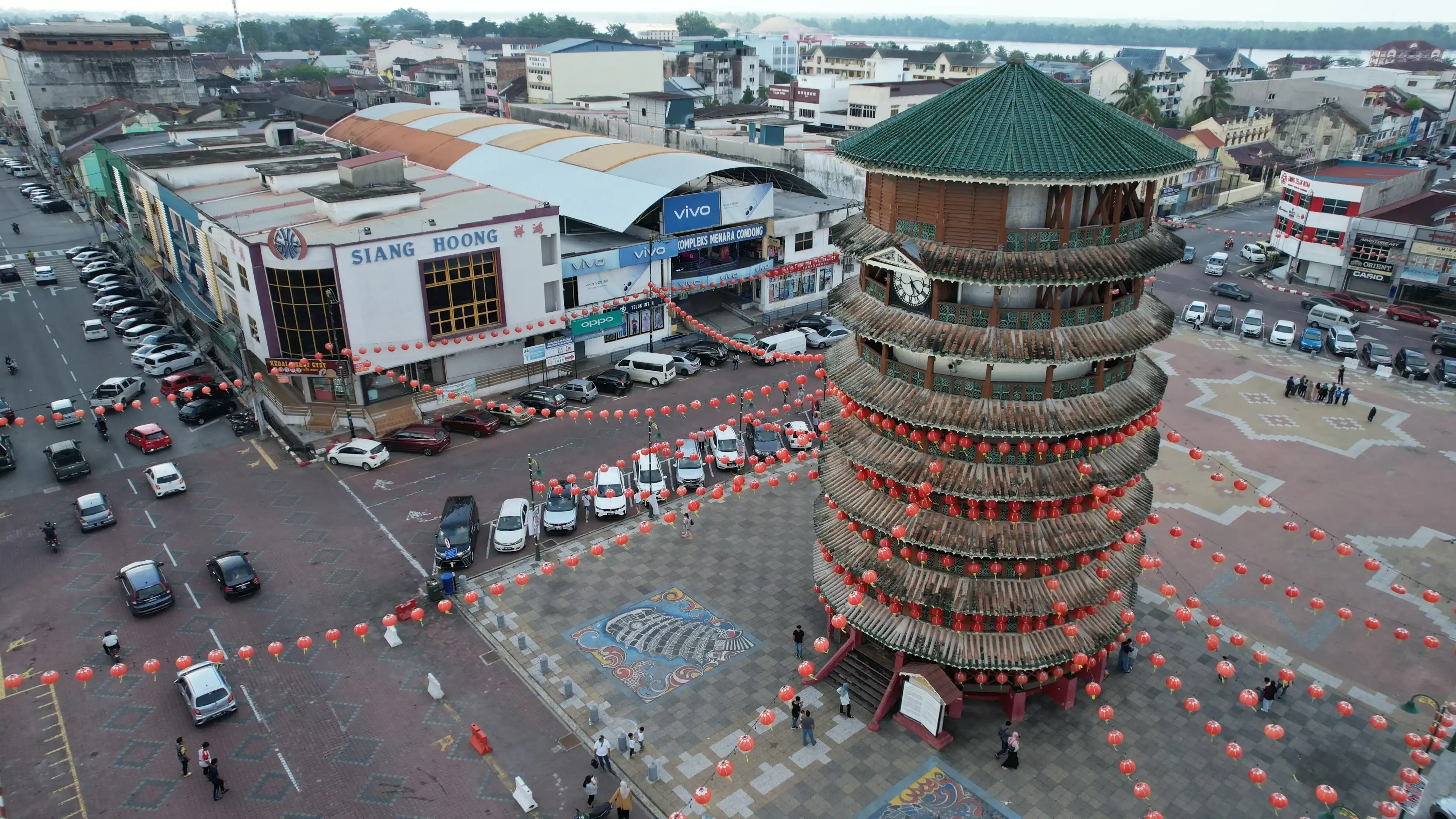 Teluk Intan, Malaysia - February 16 2024: Aerial View of the Leaning Tower of Teluk Intan Teluk Intan, Malaysia - February 16 2024: Aerial View of the Leaning Tower of Teluk Intan
