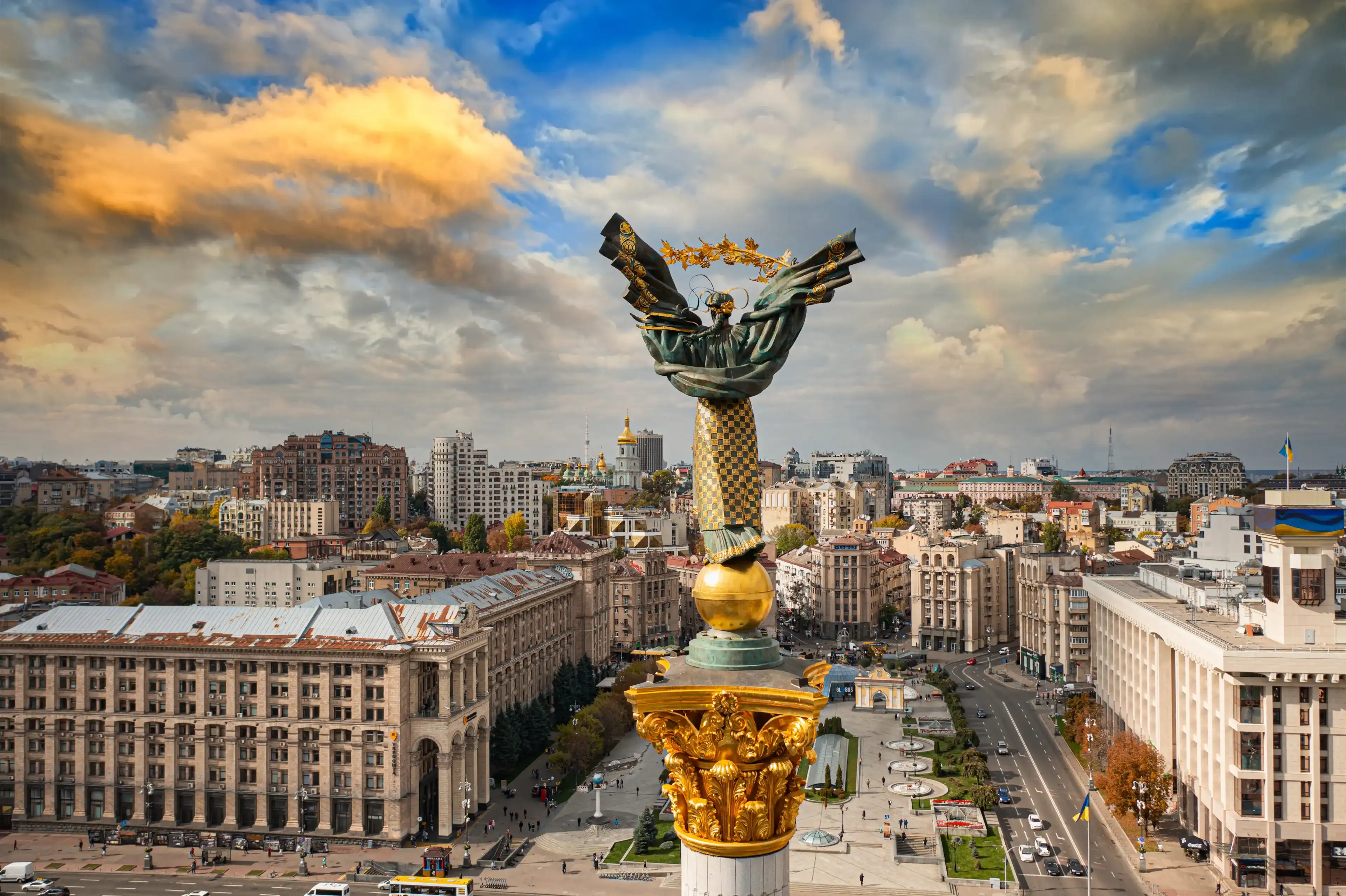 Kyiv, Ukraine - October 6, 2021: Independence Monument in Kyiv. View from drone Kyiv, Ukraine - October 6, 2021: Independence Monument in Kyiv. View from drone