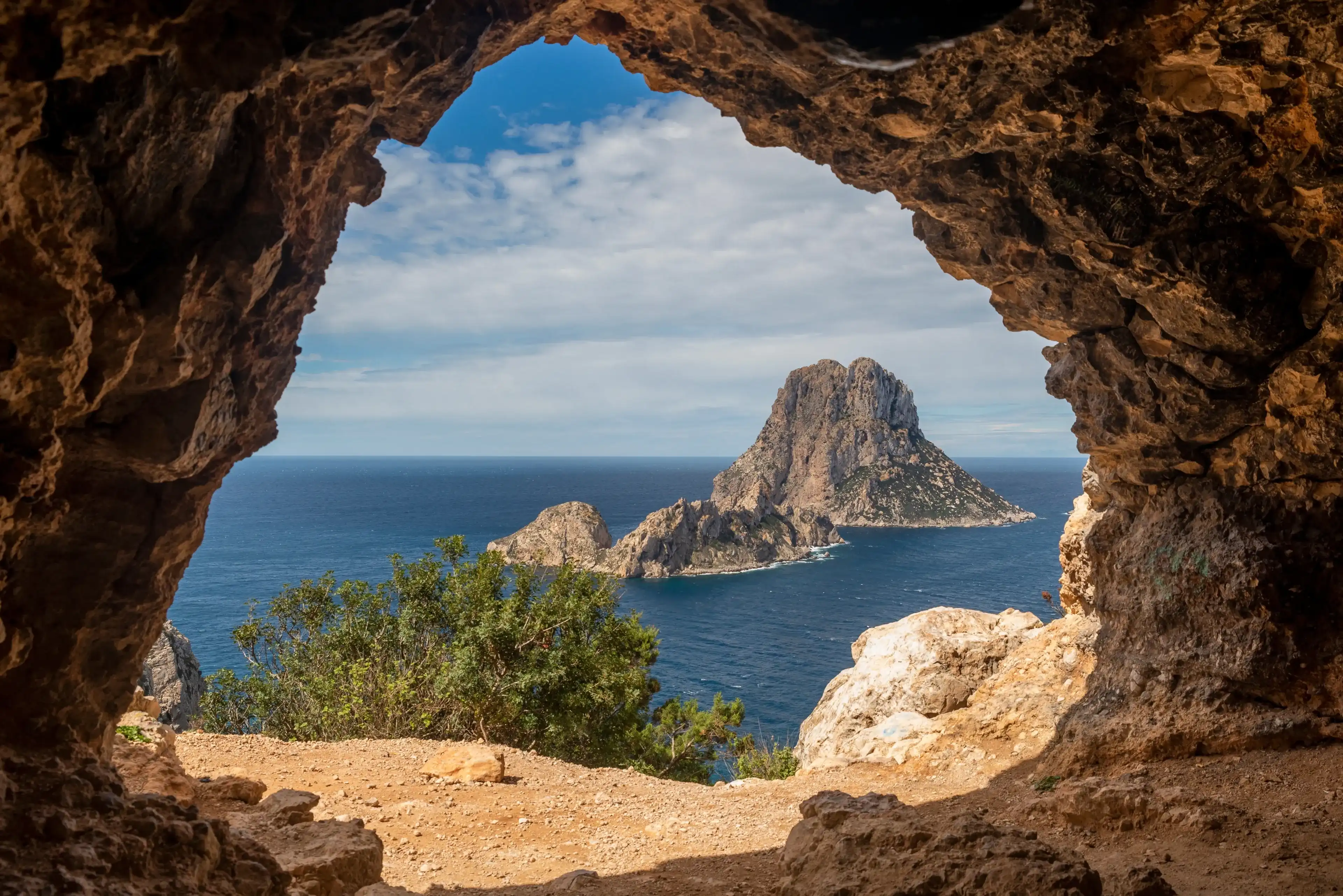 Es Vedra cave view, Sant Josep de Sa Talaia, Ibiza, Balearic Islands, Spain Es Vedra cave view, Sant Josep de Sa Talaia, Ibiza, Balearic Islands, Spain