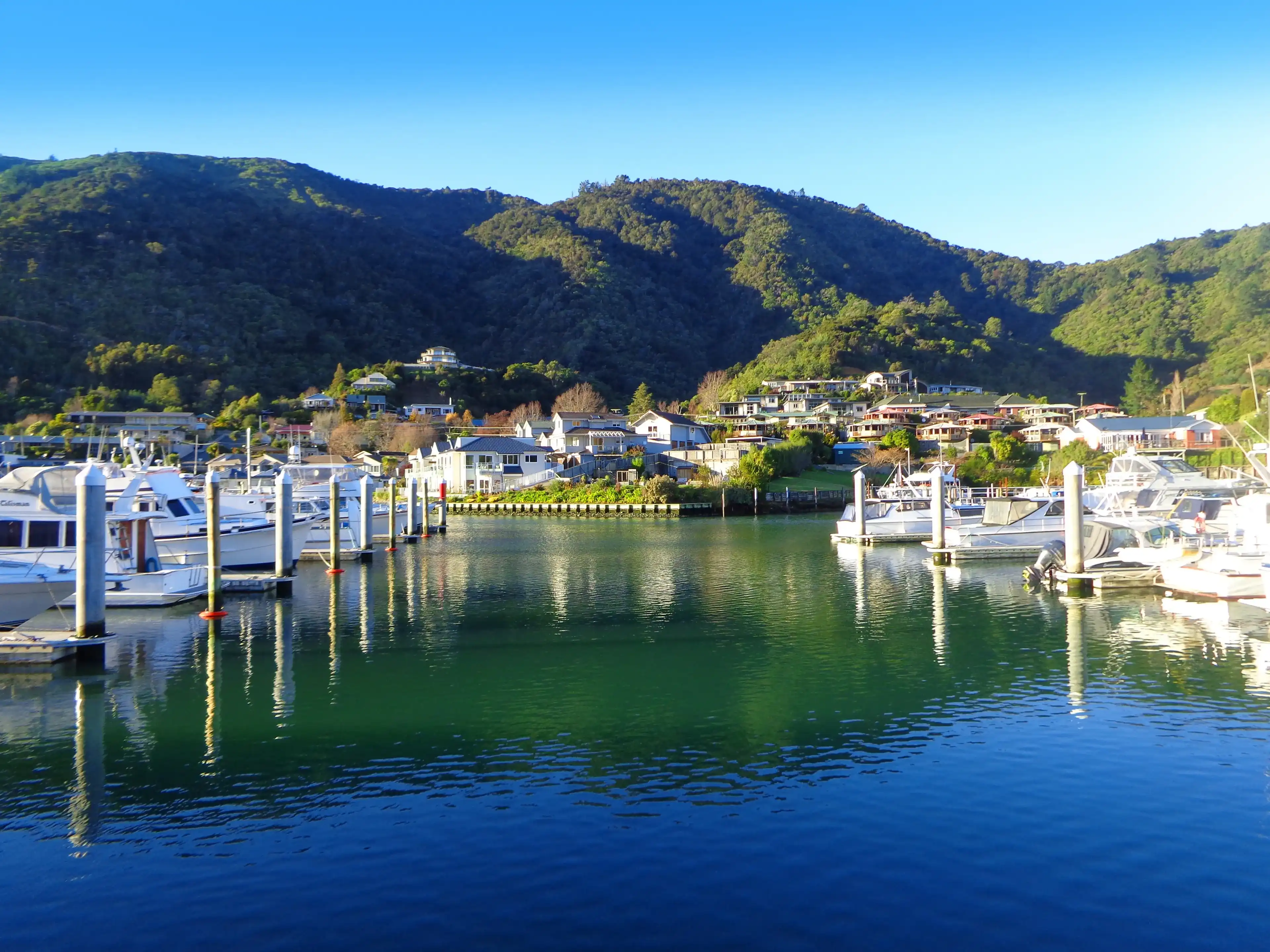 Picton New Zealand. Famous harbor town. Yacht marina on Sunny day Picton New Zealand. Famous harbor town. Yacht marina on Sunny day