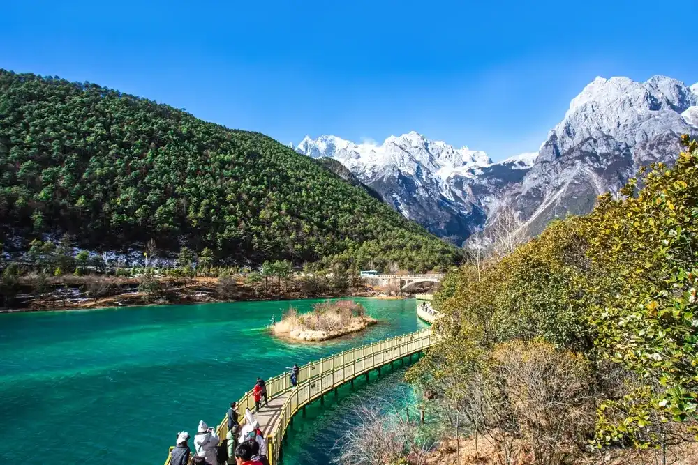 Lijiang ,China-Jan 25,2023 : view of Blue Moon Valley located inside the Jade Dragon Snow Mountain scenic area, Lijiang China. Lijiang ,China-Jan 25,2023 : view of Blue Moon Valley located inside the Jade Dragon Snow Mountain scenic area, Lijiang China.