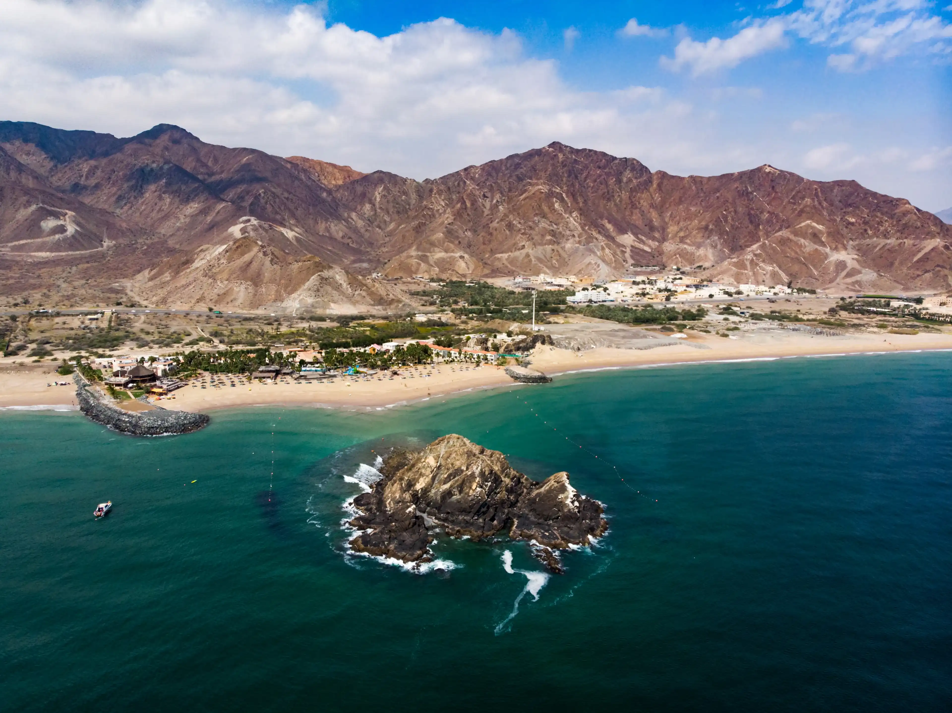 Fujairah sandy beach in the United Arab Emirates aerial view Fujairah sandy beach in the United Arab Emirates aerial view