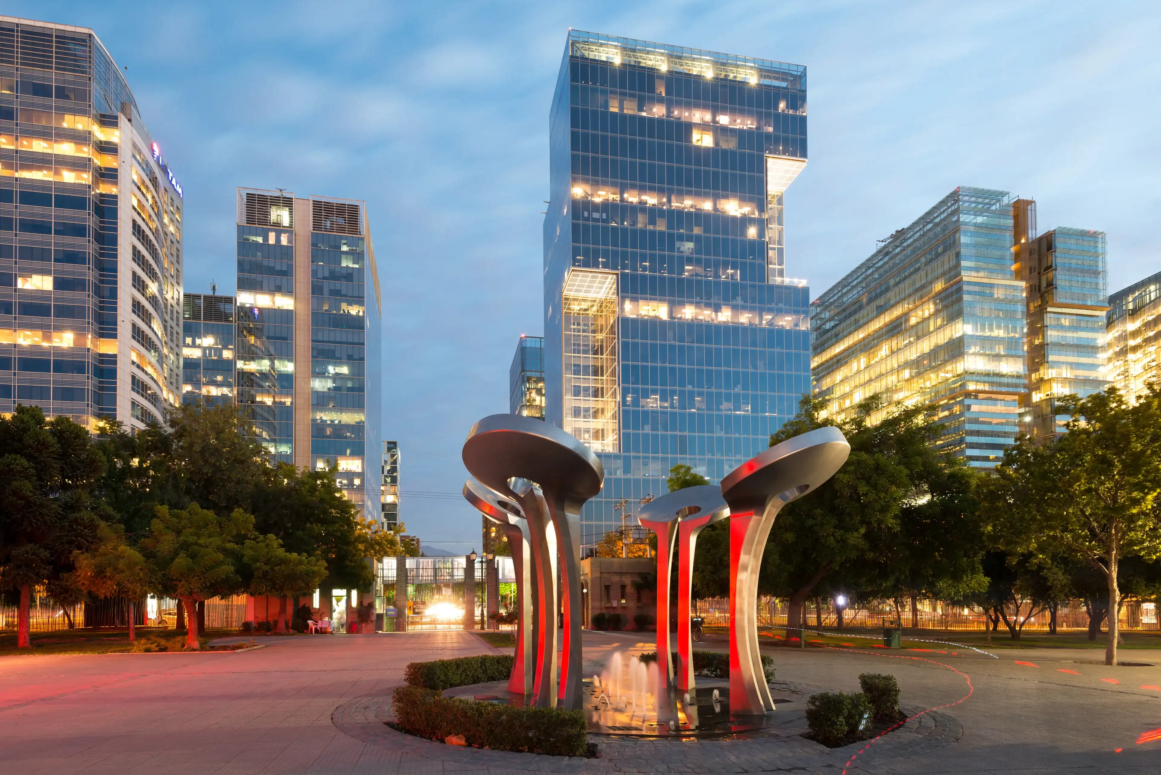 Santiago, Region Metropolitana, Chile - Nueva Las Condes, the new financial district in Santiago, home top high end corporate buildings in front of Araucano Park Santiago, Region Metropolitana, Chile - Nueva Las Condes, the new financial district in Santiago, home top high end corporate buildings in front of Araucano Park
