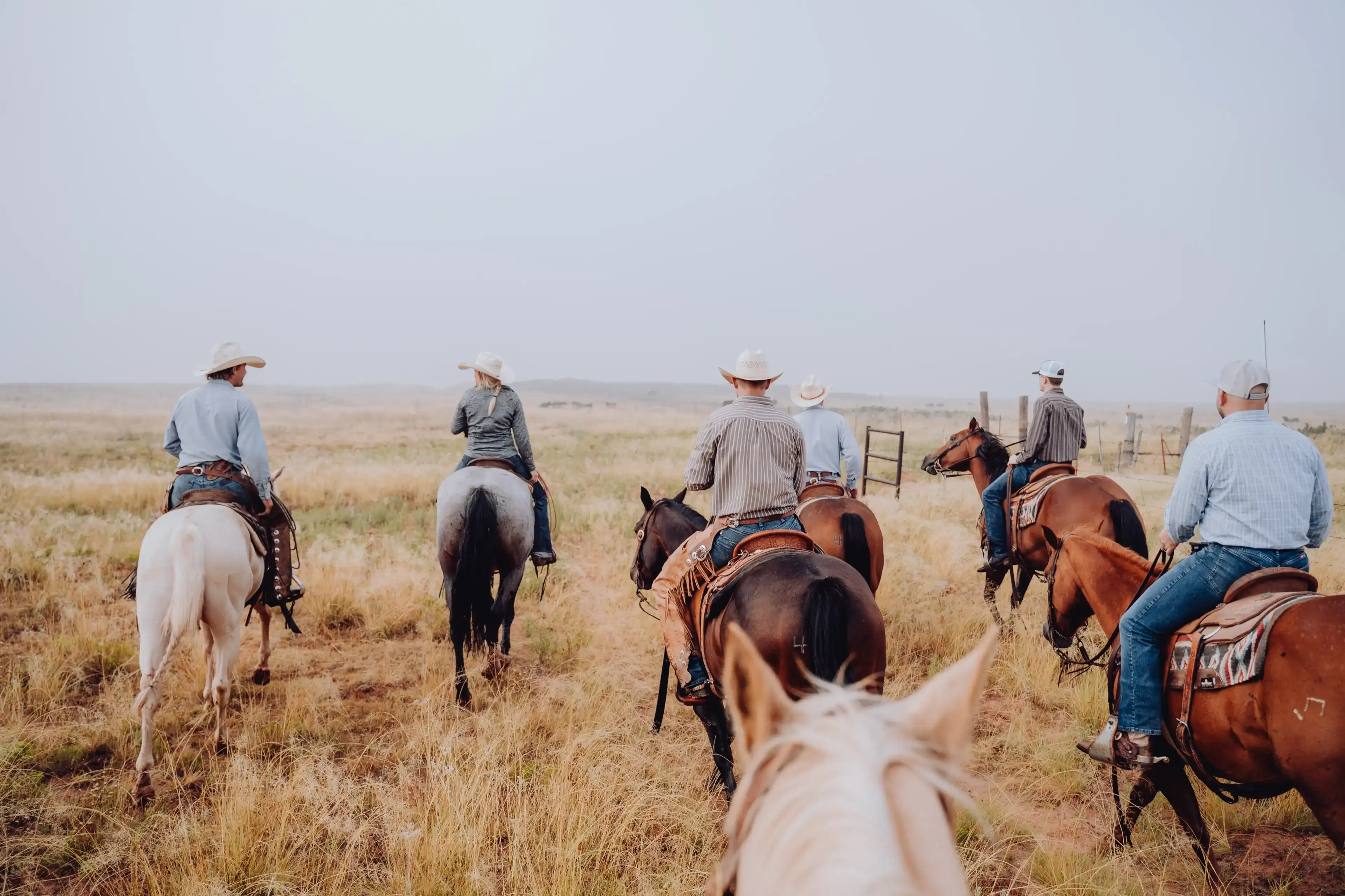 Group of people riding horses on a ranch. Group of people riding horses on a ranch.