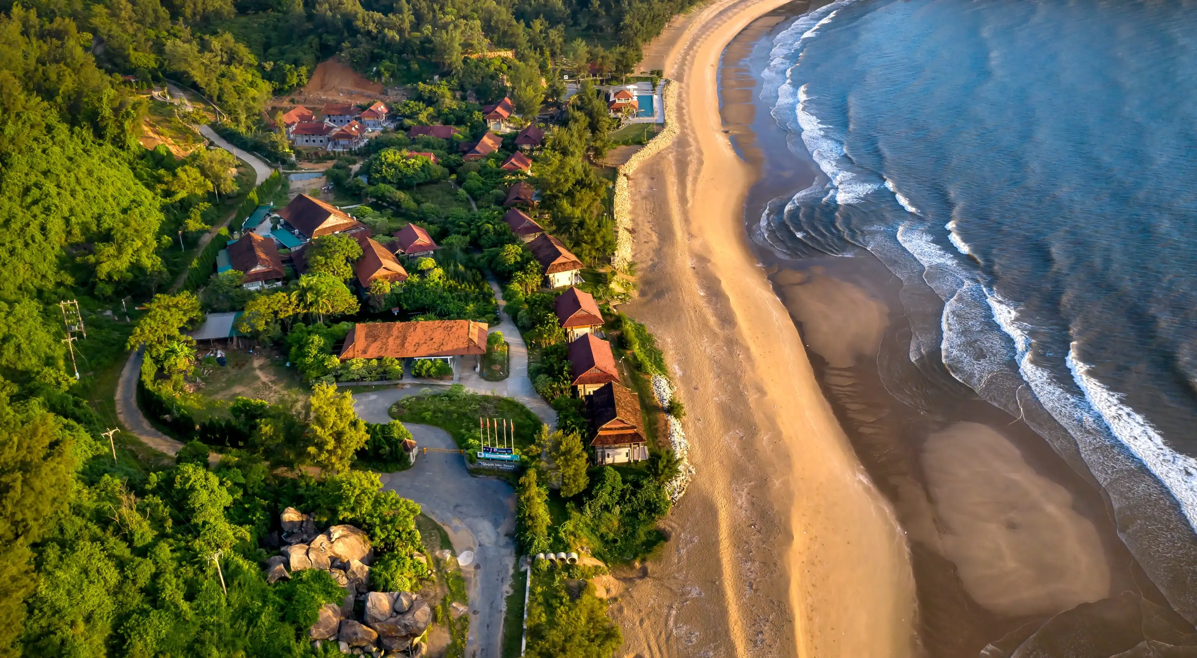 Quynh Vien 4-star resort in Thach Hai commune, Thach Ha district, Ha Tinh province, Vietnam-August 27, 2022: View from above 4-star Quynh Vien resort in Thach Hai commune, Thach Ha, Ha Tinh, VN Quynh Vien 4-star resort in Thach Hai commune, Thach Ha district, Ha Tinh province, Vietnam-August 27, 2022: View from above 4-star Quynh Vien resort in Thach Hai commune, Thach Ha, Ha Tinh, VN