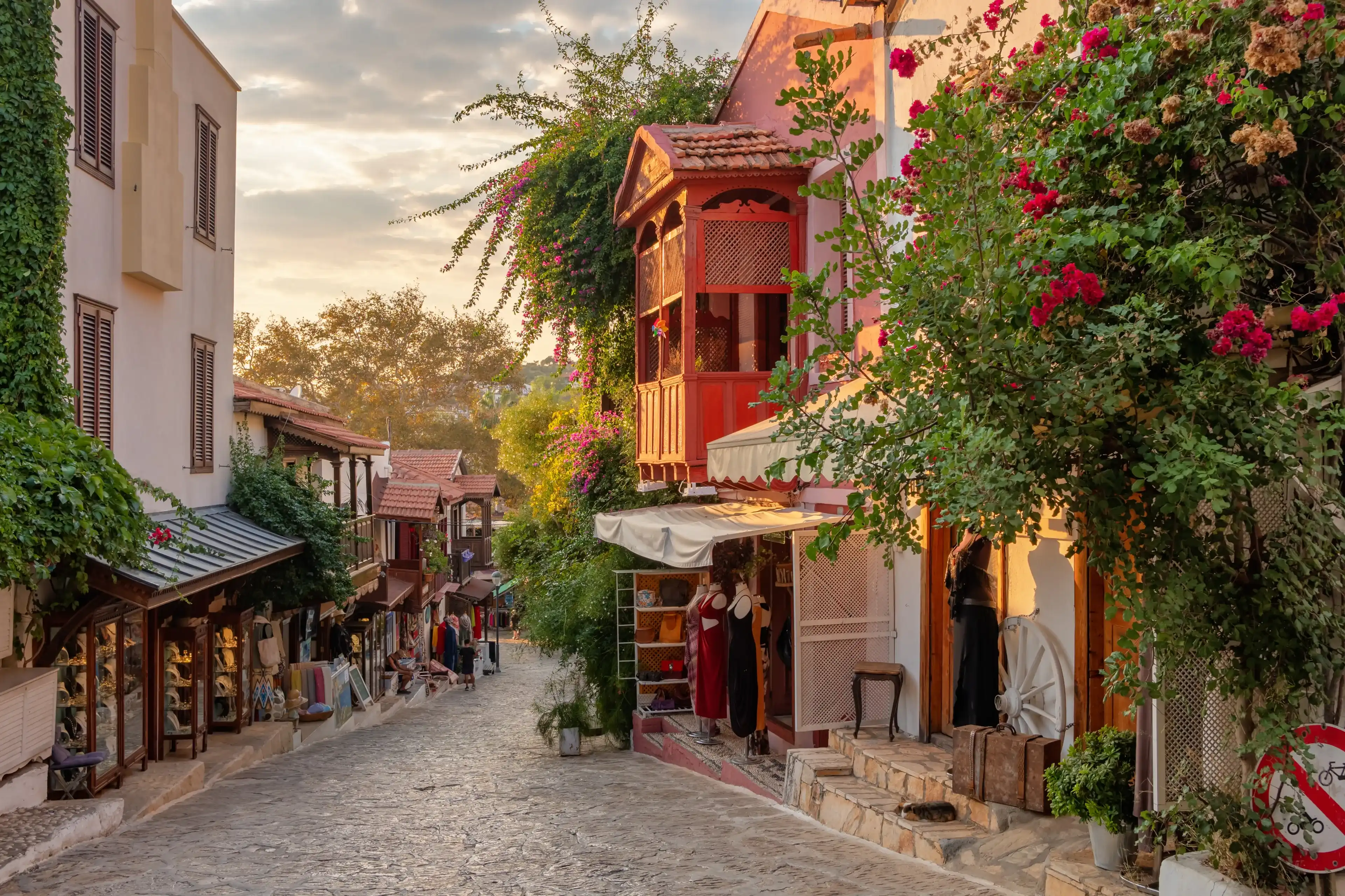 Beautiful street in the Kas old town with boutique shops at sunset, Turkey Kas Town is popular tourist destination in Turkey Beautiful street in the Kas old town with boutique shops at sunset, Turkey Kas Town is popular tourist destination in Turkey