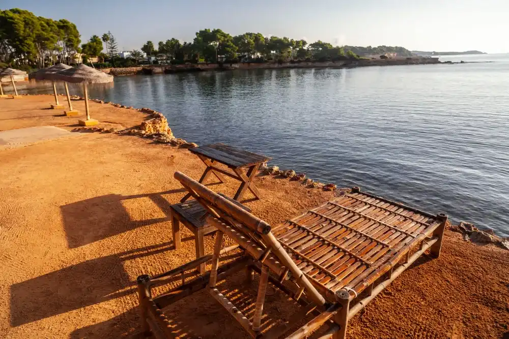 Santa Eularia des Riu, littoral, coastal, distinctive rocks ocher color. Mediterranean view, Ibiza island, Balearic Islands, Spain. Santa Eularia des Riu, littoral, coastal, distinctive rocks ocher color. Mediterranean view, Ibiza island, Balearic Islands, Spain.