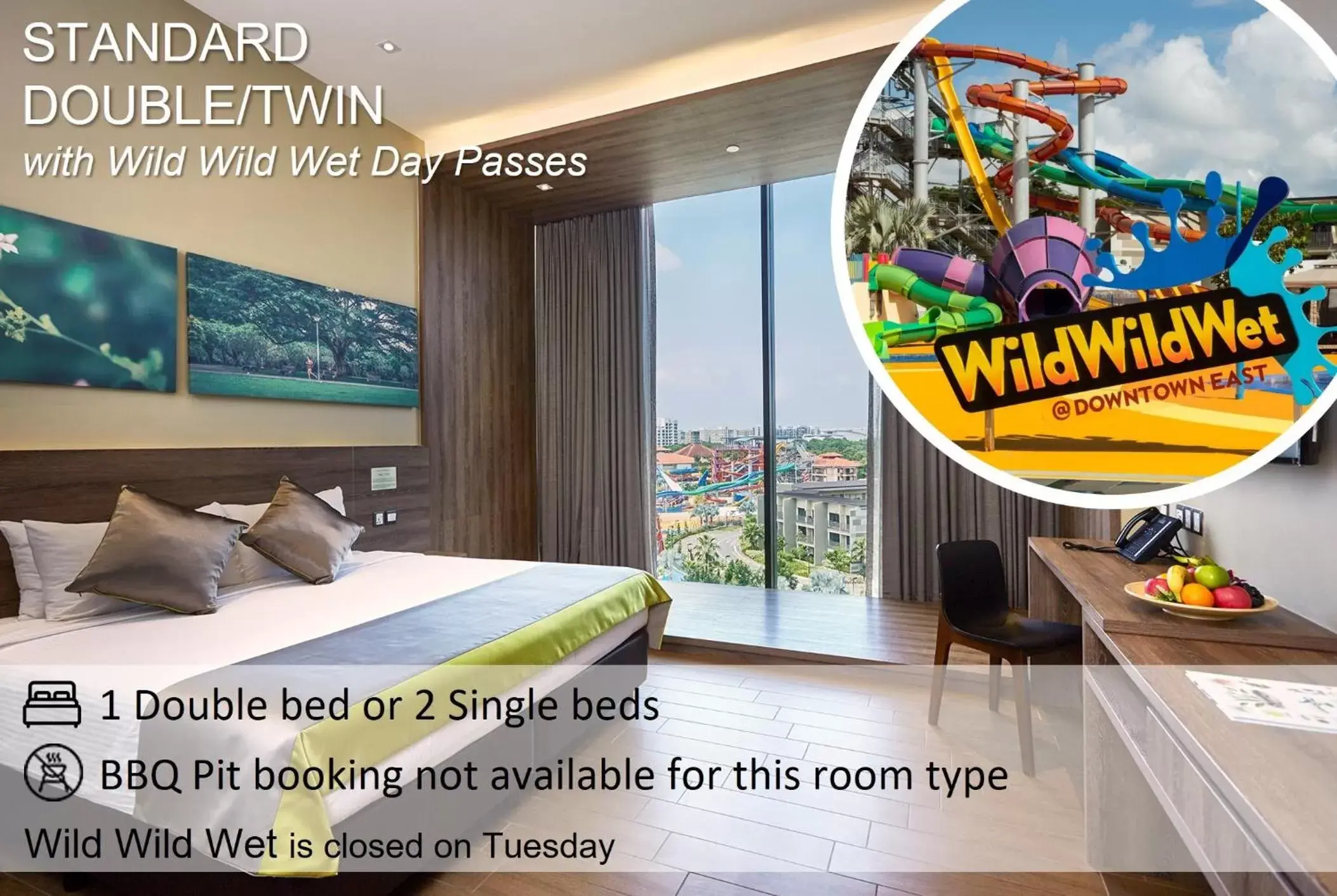 Standard Double or Twin Room with Wild Wild Wet Park Tickets in D'Resort @ Downtown East Standard Double or Twin Room with Wild Wild Wet Park Tickets in D'Resort @ Downtown East