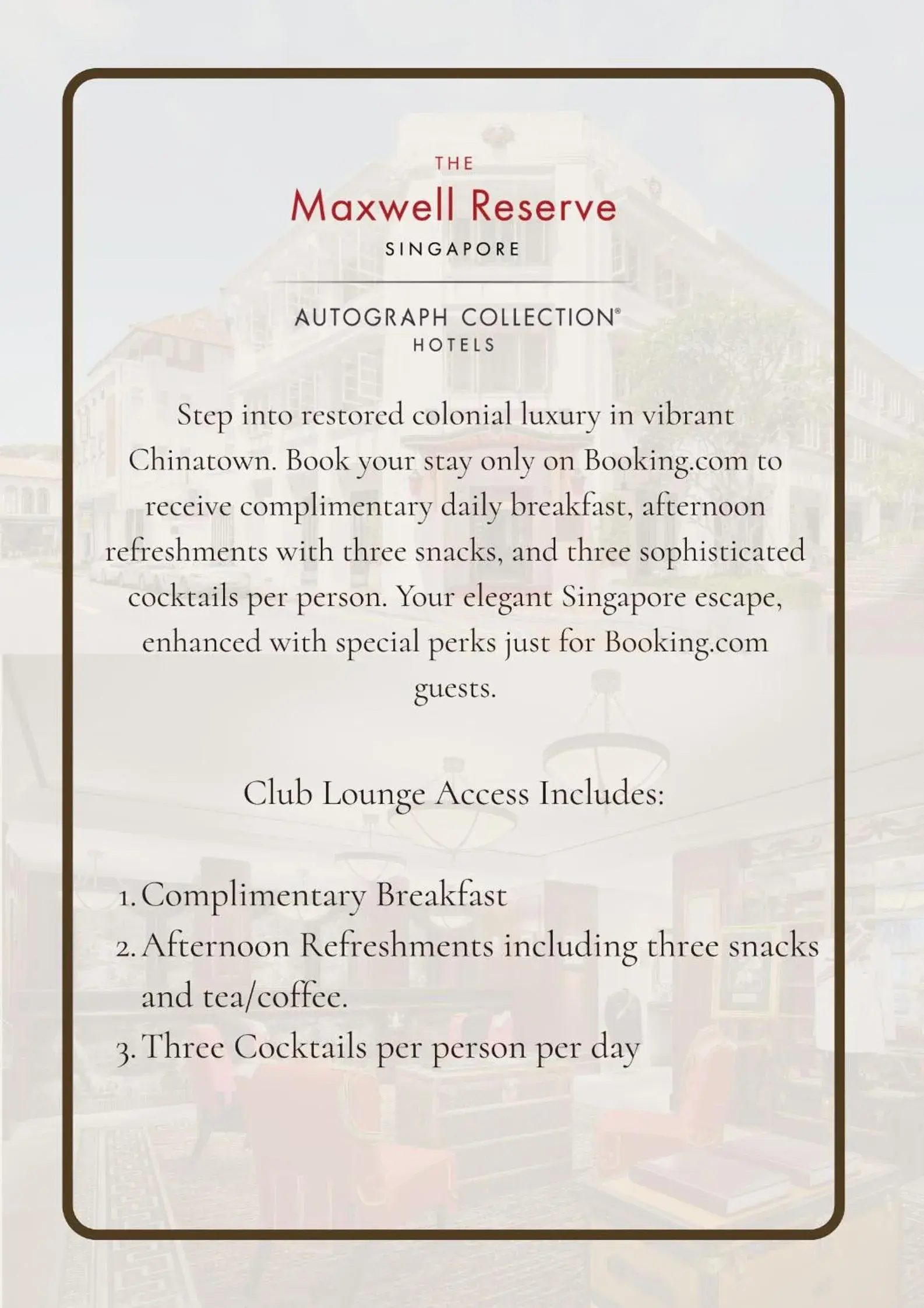 Le Colonial Deluxe Club, Club Lounge Access, Evening Cocktails, Appetizers, Guest Room, 1 Queen in Maxwell Reserve Singapore, Autograph Collection Le Colonial Deluxe Club, Club Lounge Access, Evening Cocktails, Appetizers, Guest Room, 1 Queen in Maxwell Reserve Singapore, Autograph Collection