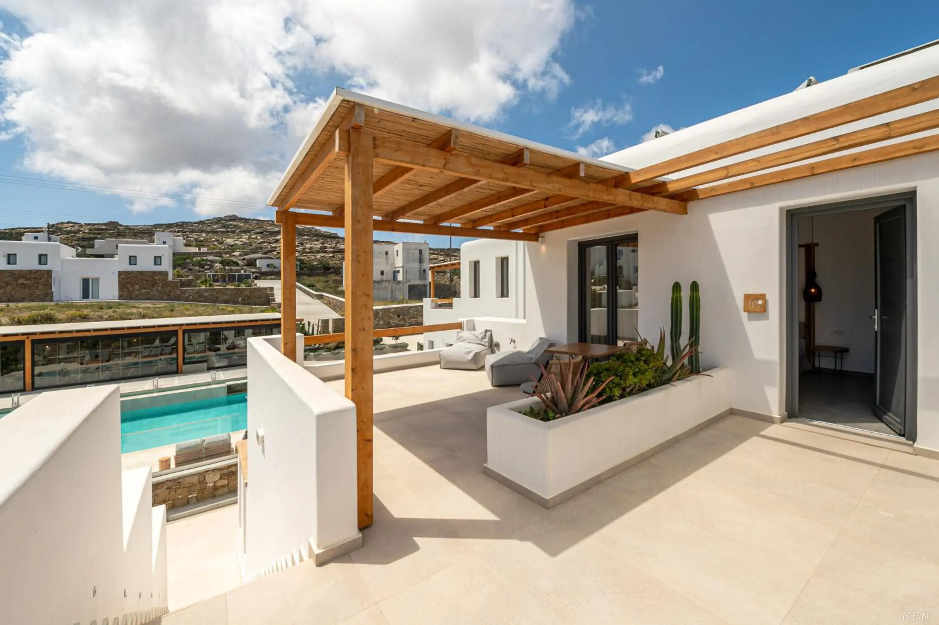 Superior Double Room with Pool View & Private Terrace in Le Palme Mykonos Superior Double Room with Pool View & Private Terrace in Le Palme Mykonos